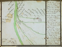 Plano del curso y dirección de las aguas del río Mapocho y de las acequias de La Dehesa y Apoquindo, Santiago, 1781