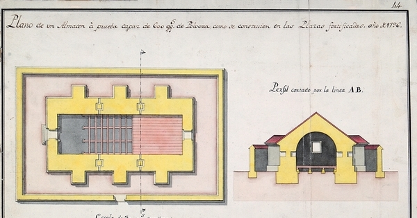 Plano de un almacen a prueba capaz de 600 qqs de polvora ...año 1796