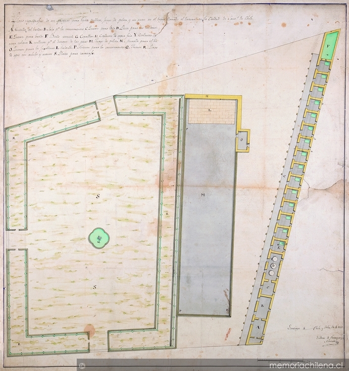 Plano ignografico para un proyecto para baños publicos, juego de pelota y un paseo en el lugar llamado el basural en la ciudad de Santiago de Chile, 1803