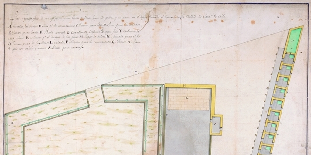 Plano ignografico para un proyecto para baños publicos, juego de pelota y un paseo en el lugar llamado el basural en la ciudad de Santiago de Chile, 1803