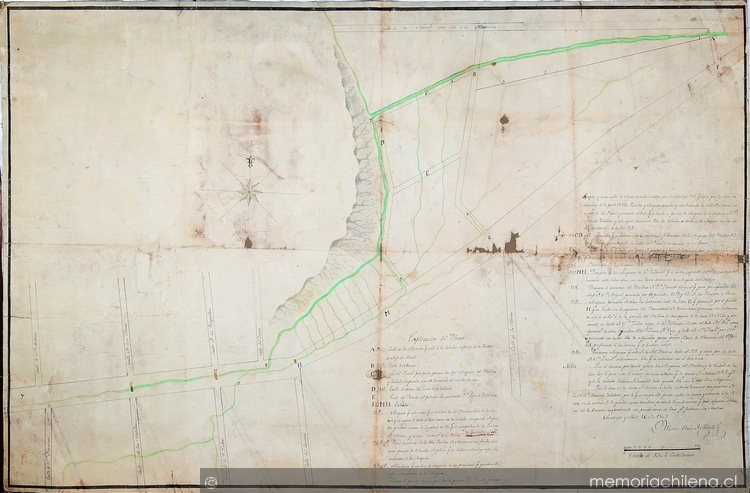 Plano de la manzana comprendida entre calles Miraflores, Huérfanos, Claras (Mac-Iver) y Agustinas, con sus acequias, Santiago, 1806