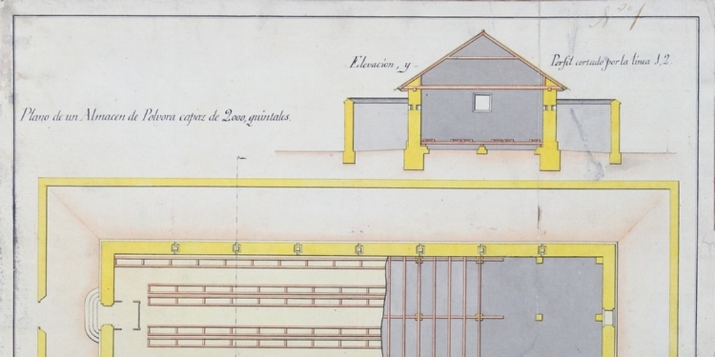 Plano de un almacén de pólvora capaz 2.000 quintales, Santiago, 1810