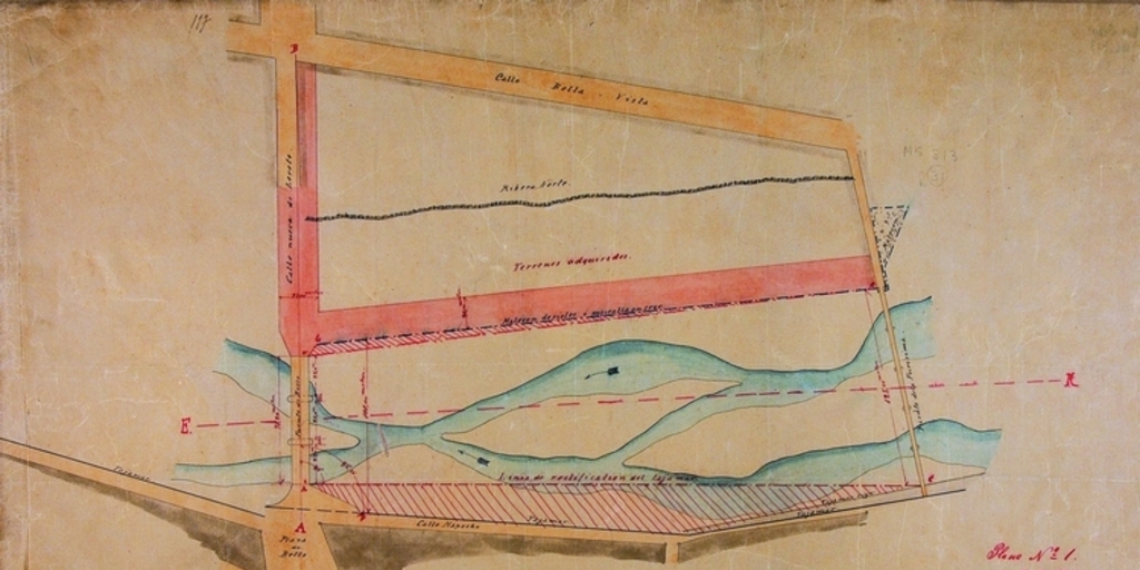 Plano del sector de los puentes de Purísima y Loreto, Santiago, 1883