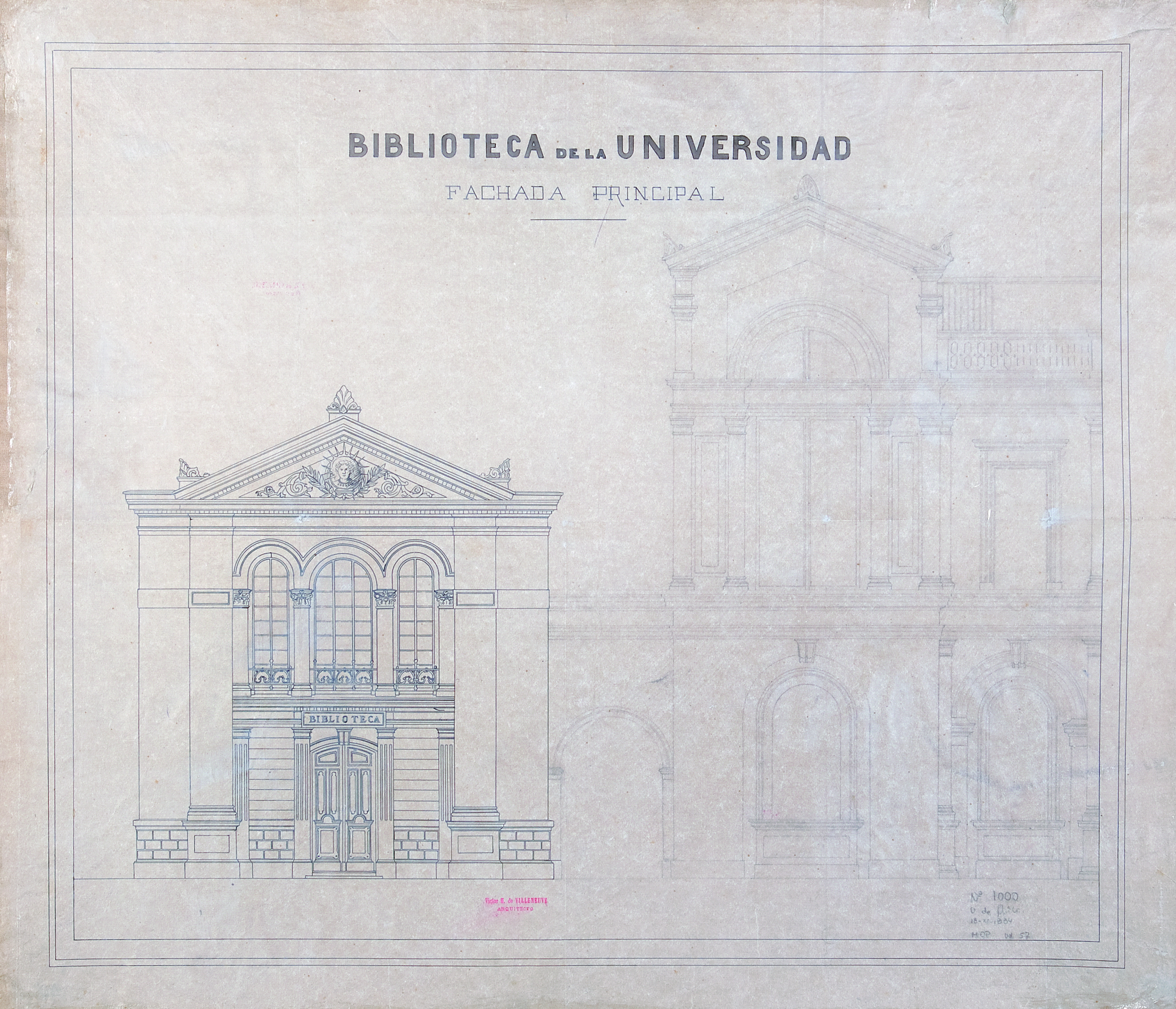 Biblioteca de la Universidad: Fachada principal, Santiago, 1884