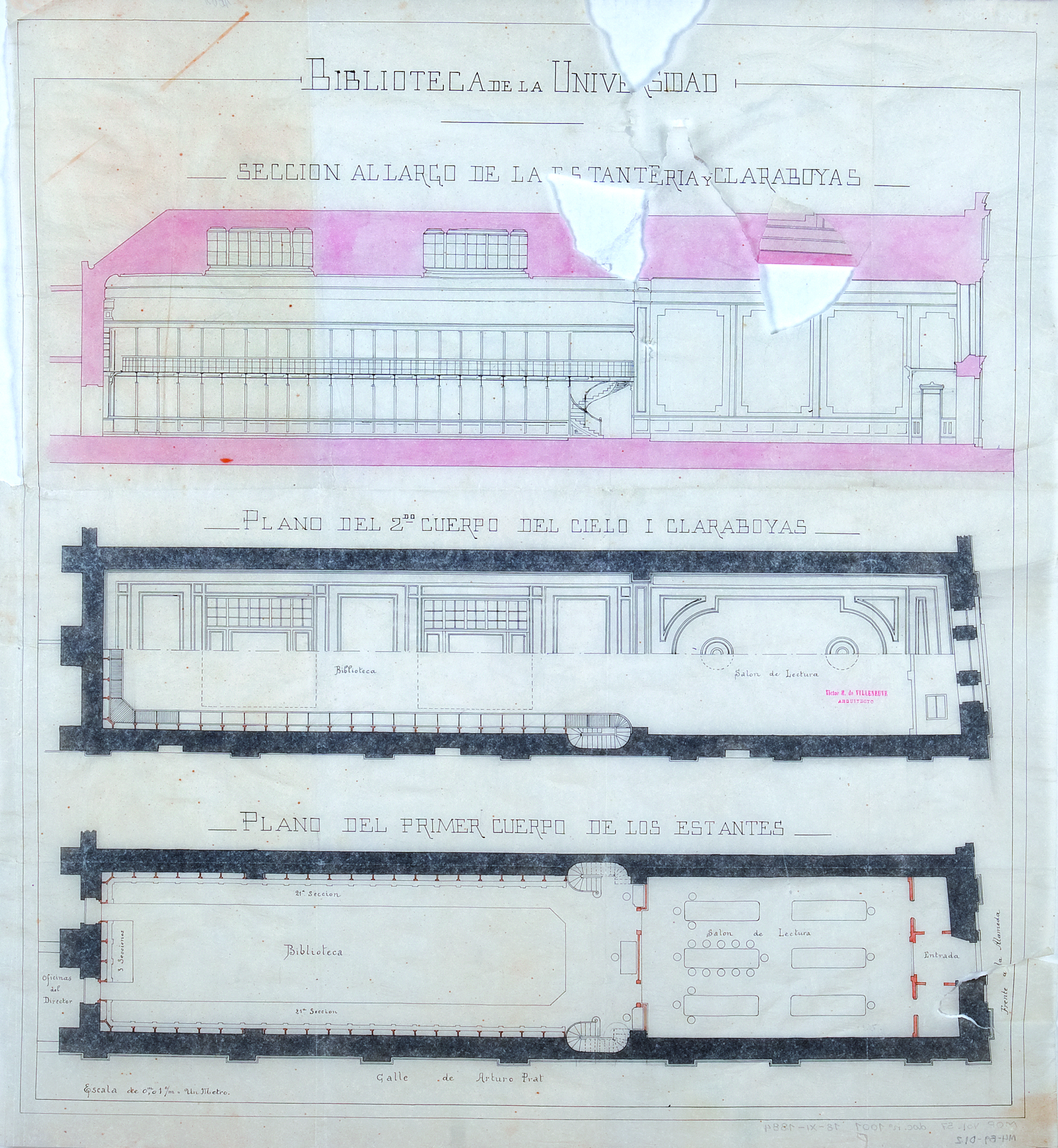 Biblioteca de la Universidad: sección de largo de estantarías y claraboyas, 1884