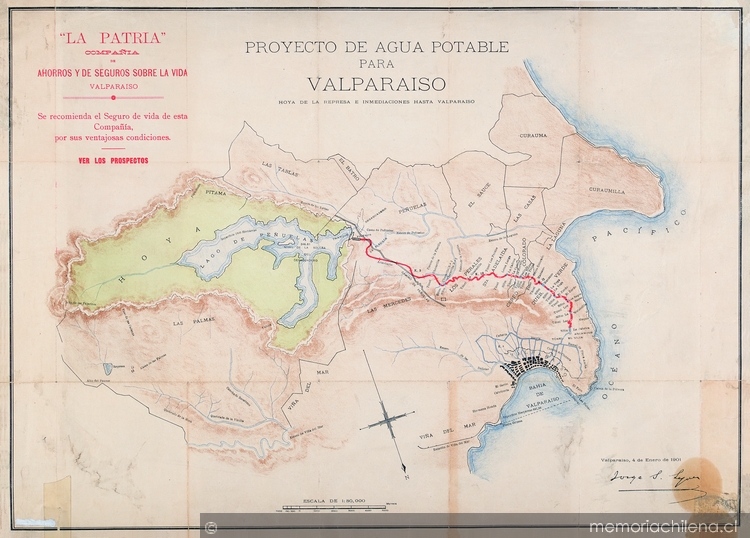 Proyecto de agua potable para Valparaíso [mapa] : hoya de la represa e inmediaciones hasta Valparaíso