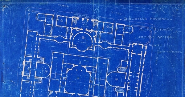 Plano de la Biblioteca Nacional, Museo Histórico y Archivo General, subterráneo, Santiago, 1915