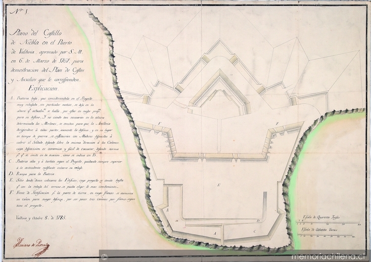 Plano del castillo de Niebla en el puerto de Valdivia aprovado por S.M. en 6 de marzo de 1761 para demostracion del plan de costos y auxilios que le corresponden