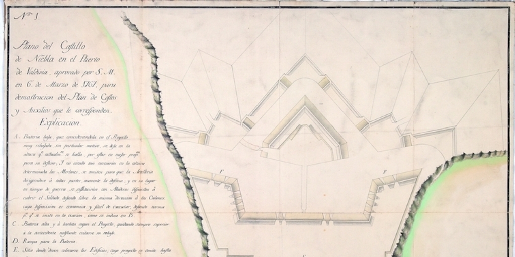 Plano del castillo de Niebla en el puerto de Valdivia aprovado por S.M. en 6 de marzo de 1761 para demostracion del plan de costos y auxilios que le corresponden