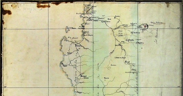 Bosquejo de un mapa de Araucania con indicacion de las cinco regiones naturales en que se halla dividido el territorio indio y de los dos caminos principales que lo atraviesan, 1845