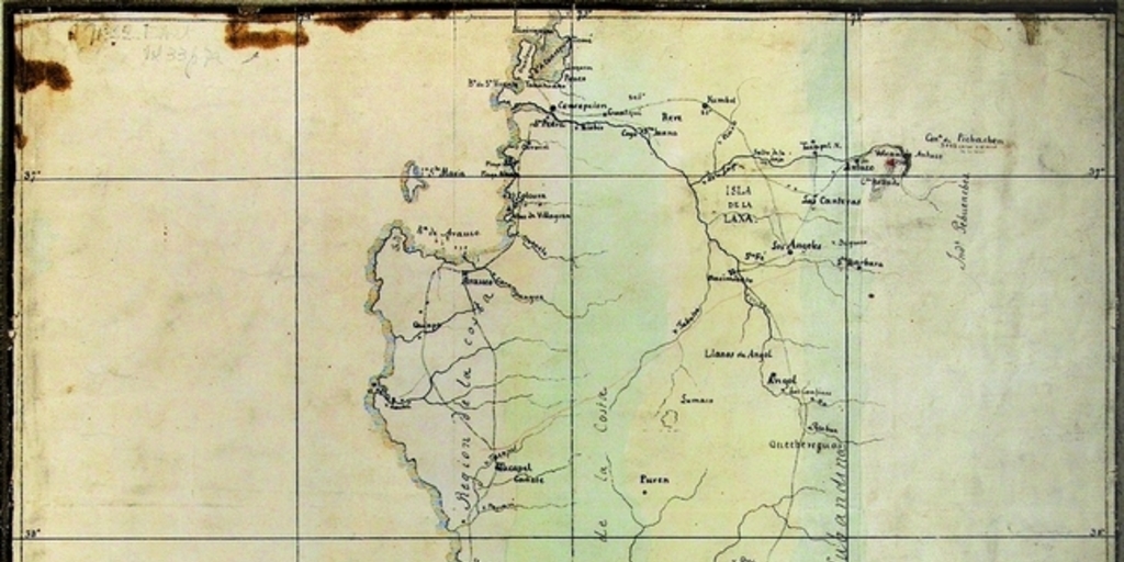 Bosquejo de un mapa de Araucania con indicacion de las cinco regiones naturales en que se halla dividido el territorio indio y de los dos caminos principales que lo atraviesan, 1845