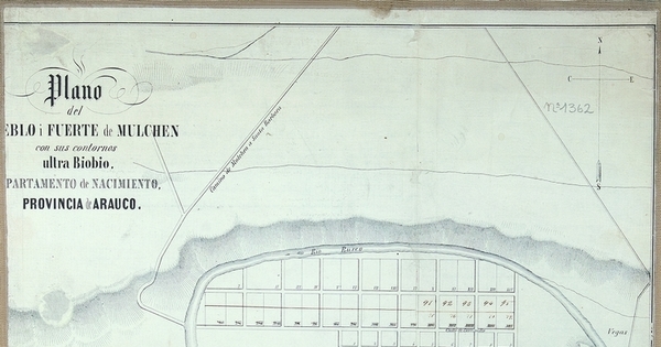 Plano del pueblo i fuerte de Mulchén con sus contornos ultra Bíobío, Departamento de Nacimiento, provincia de Arauco, 1860