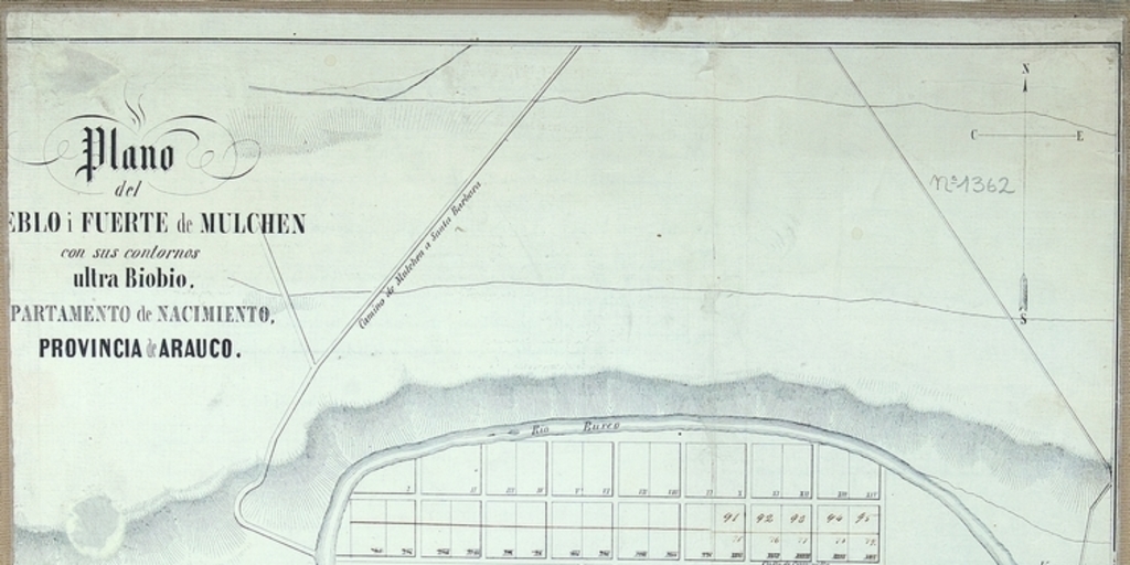 Plano del pueblo i fuerte de Mulchén con sus contornos ultra Bíobío, Departamento de Nacimiento, provincia de Arauco, 1860