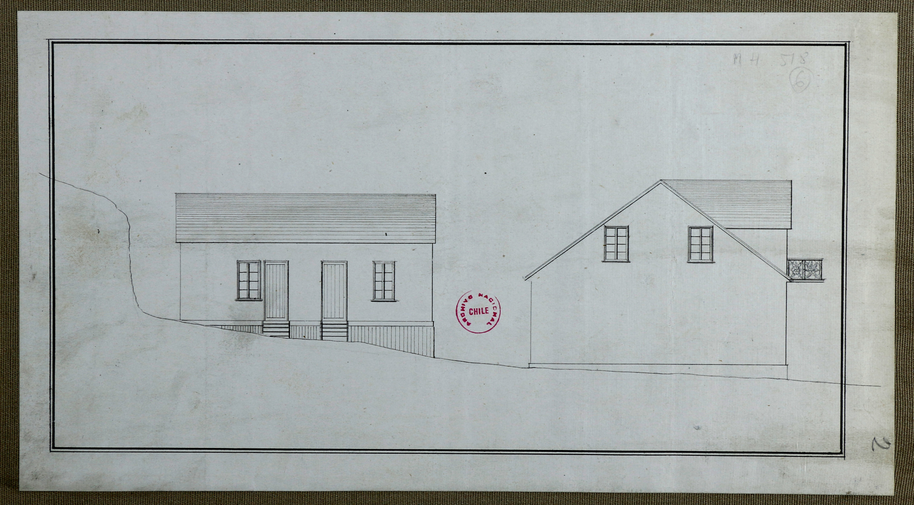 Plano y perfiles del edificio propuesto para aduana y almacenes del puerto Corral, Valdivia, 1862