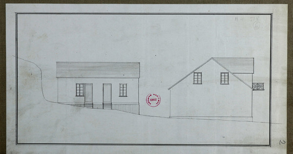 Plano y perfiles del edificio propuesto para aduana y almacenes del puerto Corral, Valdivia, 1862