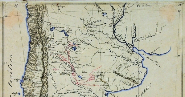 Mapa físico de Chile y Argentina desde el paralelo 305 hasta el 455, aproximadamente, 1864