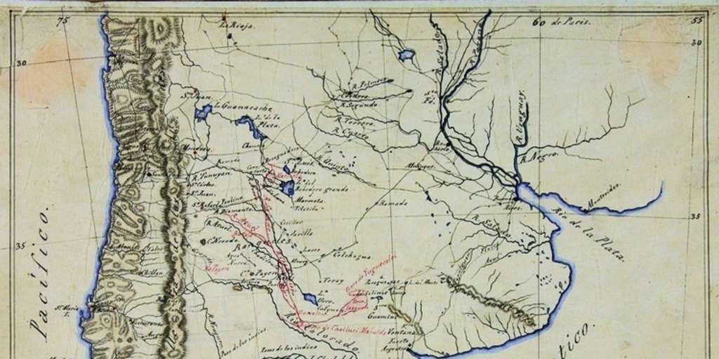 Mapa físico de Chile y Argentina desde el paralelo 305 hasta el 455, aproximadamente, 1864