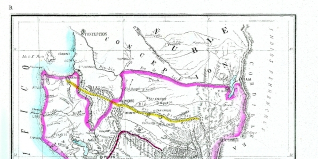 Plano de Arauco i Valdivia con la designacion de la antigua i nueva linea de frontera contra los indios, 1870