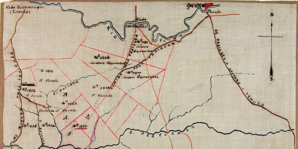 Plano de la localidad de Perquenco. Petición de nueva entrega y nueva mensura de hijuela, por el señor Meza, 1888