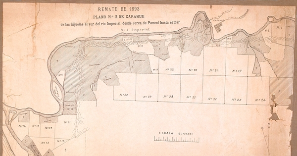 Plano N°2 de Carahue [mapa] : de las hijuelas al sur del río Imperial desde cerca de Pancul hasta el mar : Remate de 1893