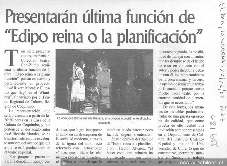 Presentarán última función de "Edipo reina o la planificación"