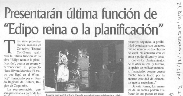 Presentarán última función de "Edipo reina o la planificación"