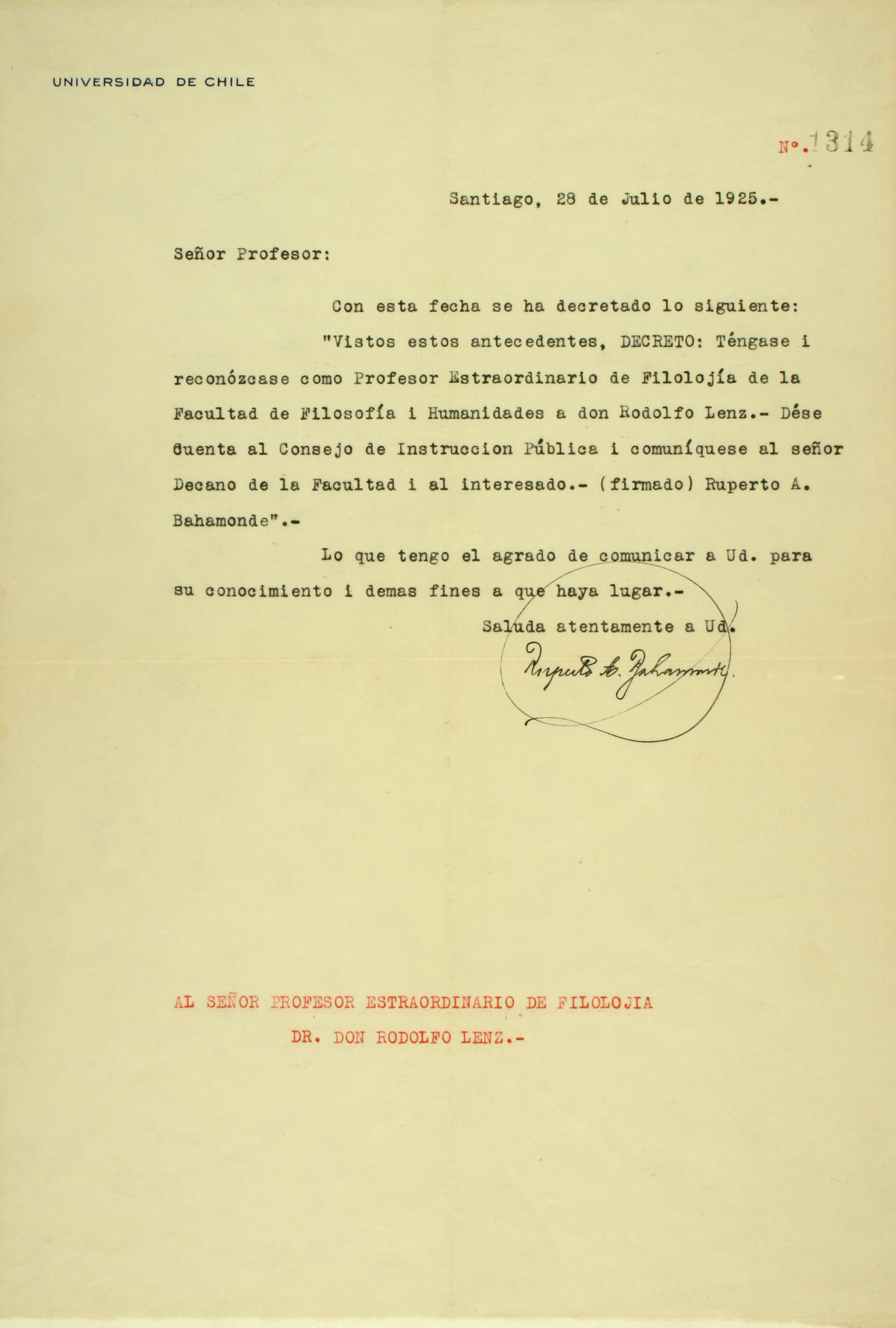 Nombramiento de Rodolfo Lenz como Profesor Extraordinario de Filología de la Facultad de Filosofía y Humanidades de la Universidad de Chile