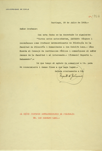 Nombramiento de Rodolfo Lenz como Profesor Extraordinario de Filología de la Facultad de Filosofía y Humanidades de la Universidad de Chile