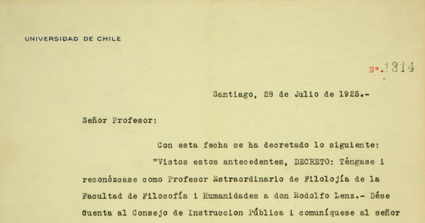 Nombramiento de Rodolfo Lenz como Profesor Extraordinario de Filología de la Facultad de Filosofía y Humanidades de la Universidad de Chile