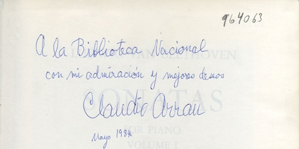 Dedicatoria de Claudio Arrau, 1984