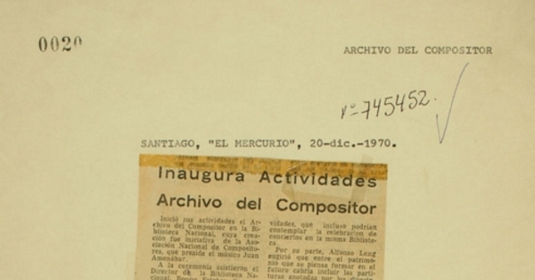Inagura actividades ; Archivo del Compositor