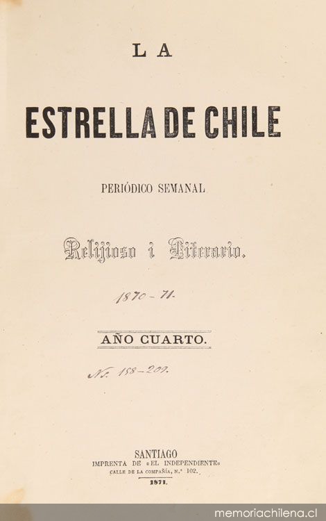 La Estrella de Chile. Año IV, número 158 (9 de octubre de 1870) - número 209 (1 de octubre de 1871)