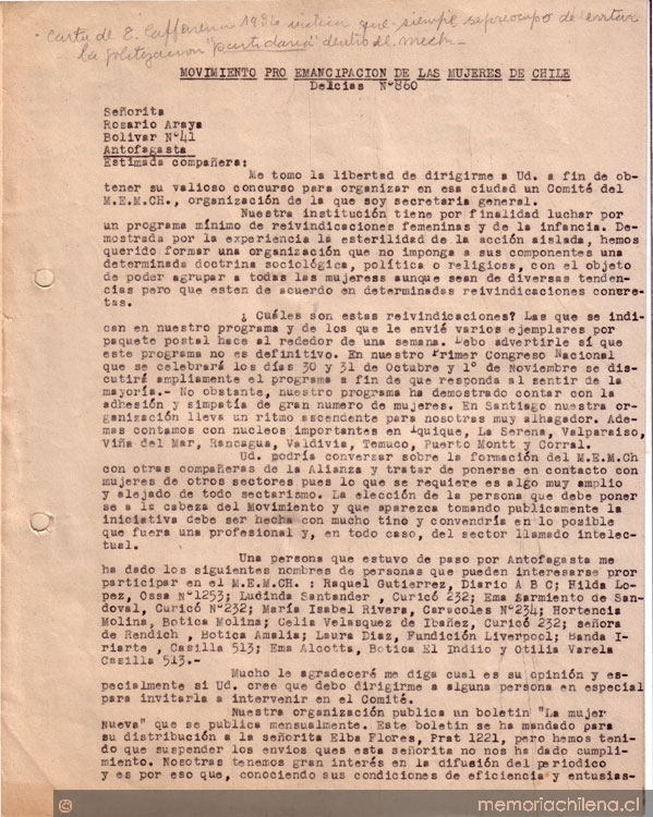 Correspondencia de la Secretaria General del Movimiento Pro-Emancipación de las Mujeres de Chile (MEMCH), Elena Caffarena, enero-junio 1936