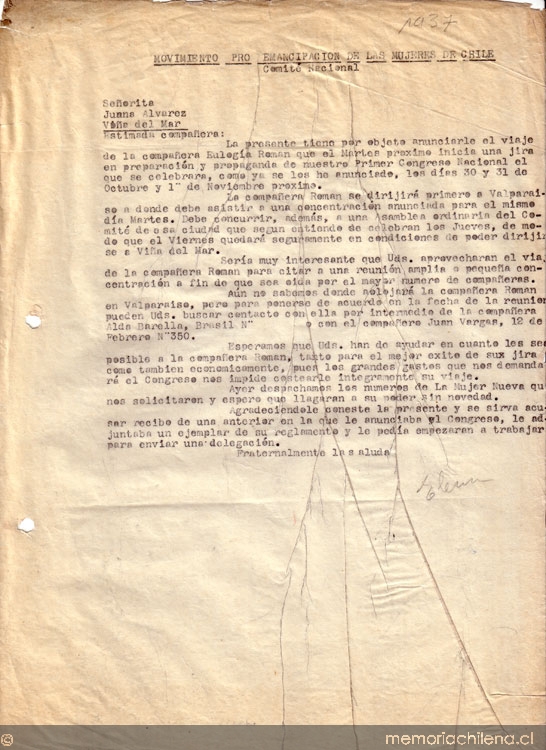 Correspondencia de la Secretaria General del Movimiento Pro-Emancipación de las Mujeres de Chile (MEMCH), Elena Caffarena, enero-agosto 1937