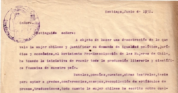 Correspondencia de la Secretaria General del Movimiento Pro-Emancipación de las Mujeres de Chile (MEMCH), Elena Caffarena, junio-julio, 1938