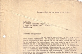 Correspondencia de la Secretaria General del Movimiento Pro-Emancipación de las Mujeres de Chile (MEMCH), Elena Caffarena, agosto-octubre, 1938