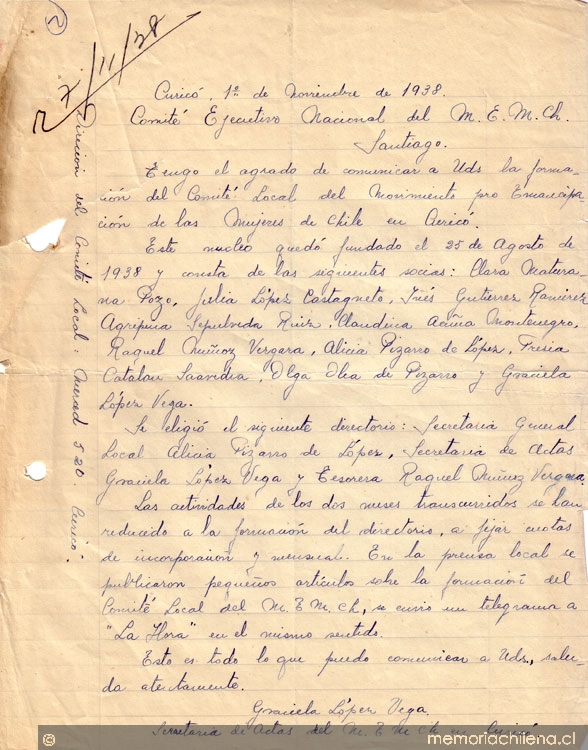 Correspondencia de la Secretaria General del Movimiento Pro-Emancipación de las Mujeres de Chile (MEMCH), Elena Caffarena, noviembre-diciembre, 1938