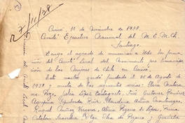 Correspondencia de la Secretaria General del Movimiento Pro-Emancipación de las Mujeres de Chile (MEMCH), Elena Caffarena, noviembre-diciembre, 1938