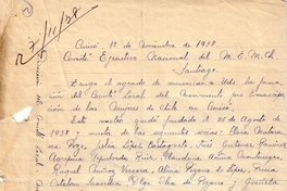 Correspondencia de la Secretaria General del Movimiento Pro-Emancipación de las Mujeres de Chile (MEMCH), Elena Caffarena, noviembre-diciembre, 1938