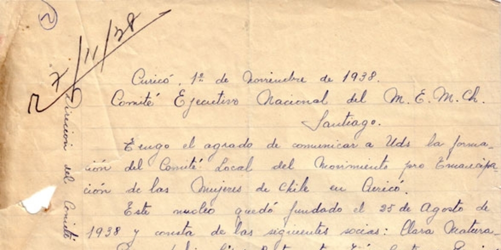 Correspondencia de la Secretaria General del Movimiento Pro-Emancipación de las Mujeres de Chile (MEMCH), Elena Caffarena, noviembre-diciembre, 1938