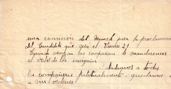 Correspondencia de la Secretaria General del Movimiento Pro-Emancipación de las Mujeres de Chile (MEMCH), Elena Caffarena, enero-febrero, 1939