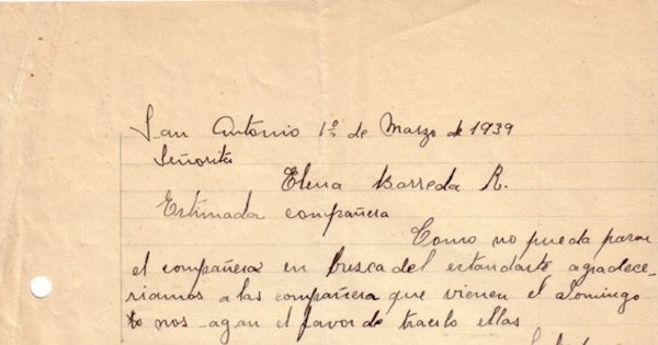 Correspondencia de la Secretaria General del Movimiento Pro-Emancipación de las Mujeres de Chile (MEMCH), Elena Caffarena, marzo-mayo, 1939