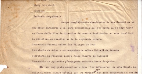 Correspondencia de la Secretaria General del Movimiento Pro-Emancipación de las Mujeres de Chile (MEMCH), Elena Caffarena, junio-diciembre, 1939