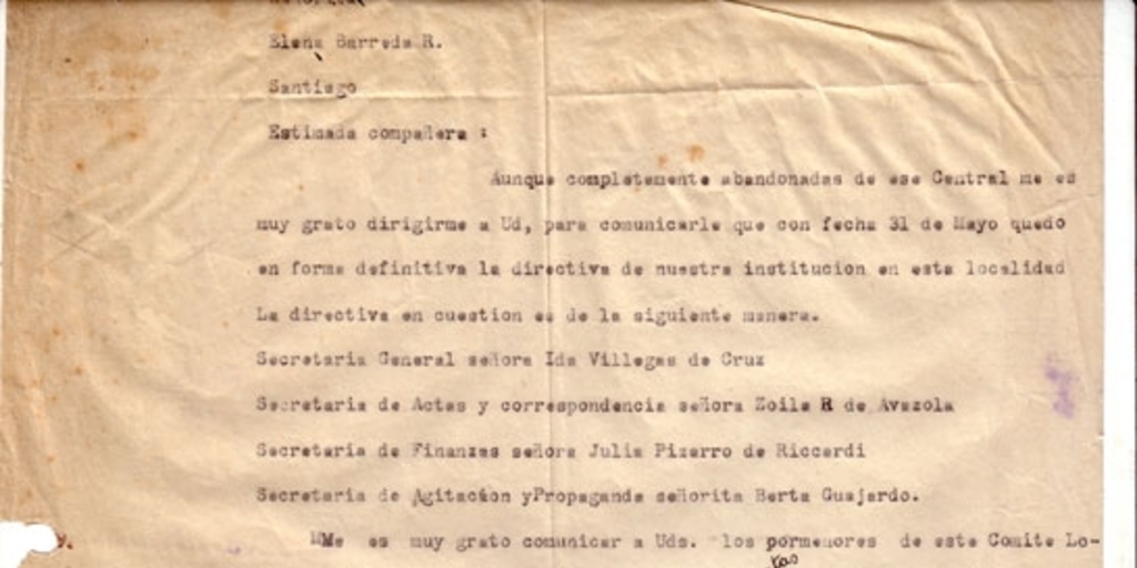 Correspondencia de la Secretaria General del Movimiento Pro-Emancipación de las Mujeres de Chile (MEMCH), Elena Caffarena, junio-diciembre, 1939