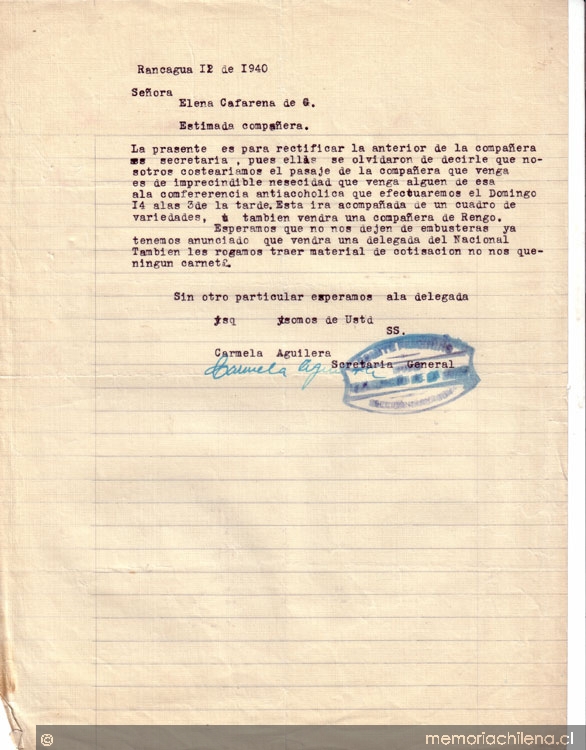 Correspondencia de la Secretaria General del Movimiento Pro-Emancipación de las Mujeres de Chile (MEMCH), Elena Caffarena, 1940