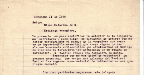 Correspondencia de la Secretaria General del Movimiento Pro-Emancipación de las Mujeres de Chile (MEMCH), Elena Caffarena, 1940