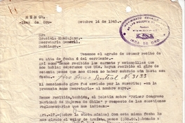 Correspondencia de la Secretaria General del Movimiento Pro-Emancipación de las Mujeres de Chile (MEMCH), Elena Caffarena, 1944