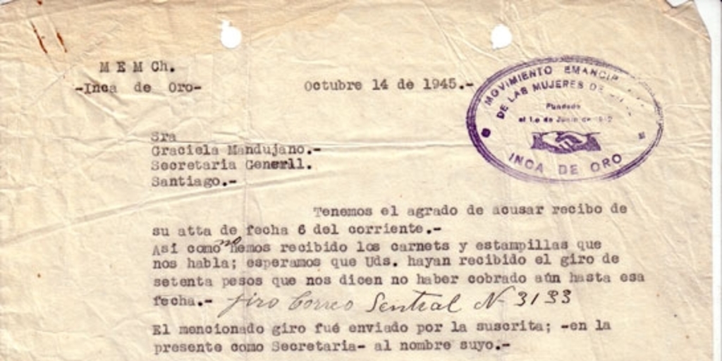 Correspondencia de la Secretaria General del Movimiento Pro-Emancipación de las Mujeres de Chile (MEMCH), Elena Caffarena, 1944