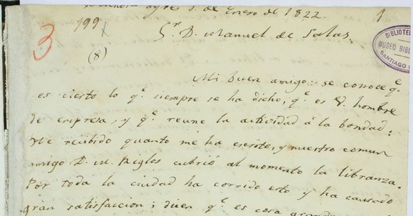 [Carta] 1822 enero Buenos Ayres [a] Manuel de Salas [Santiago?]