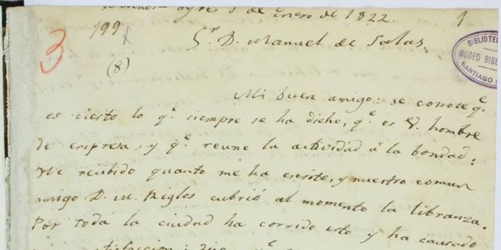 [Carta] 1822 enero Buenos Ayres [a] Manuel de Salas [Santiago?]